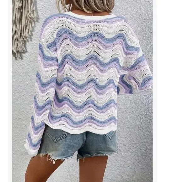 Pastel Wave Open Knit Sweater Large Cottage Y2K Soft Girl Lightweight Coquette - Picture 2 of 12